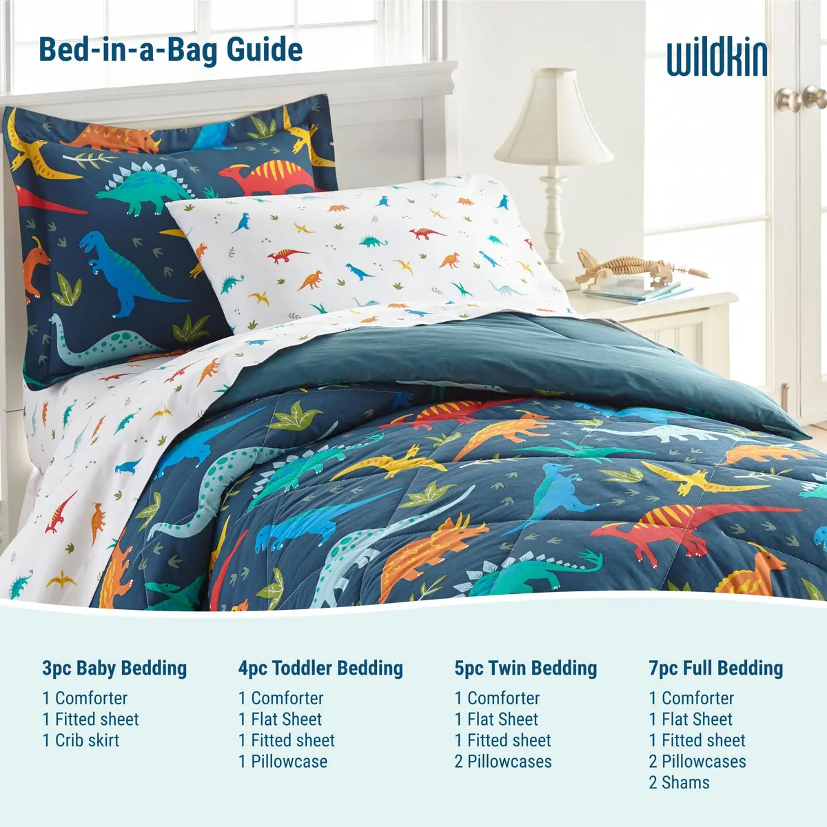 Wildkin Jurassic Dinosaurs 4-Piece Toddler Bed in a Bag Set - 132cm x 71cm (52" x 28") | OEKO-TEX Certified Cotton Comforter & Sheets - view 6