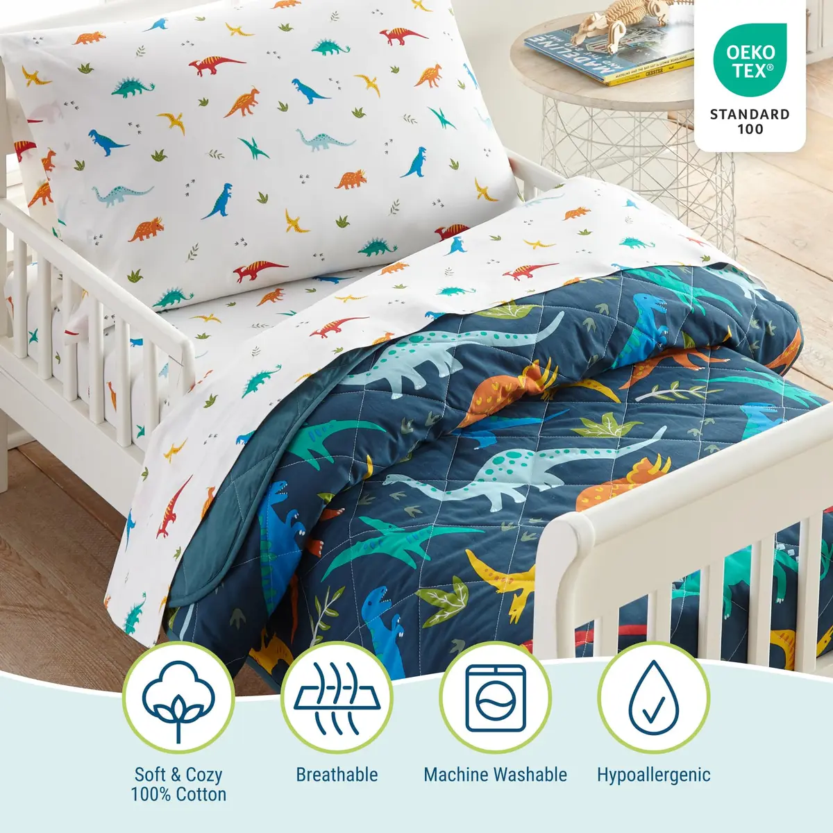 Wildkin Jurassic Dinosaurs 4-Piece Toddler Bed in a Bag Set - 132cm x 71cm (52" x 28") | OEKO-TEX Certified Cotton Comforter & Sheets - view 2
