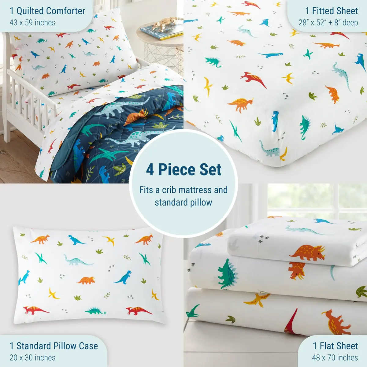 Wildkin Jurassic Dinosaurs 4-Piece Toddler Bed in a Bag Set - 132cm x 71cm (52" x 28") | OEKO-TEX Certified Cotton Comforter & Sheets - view 3