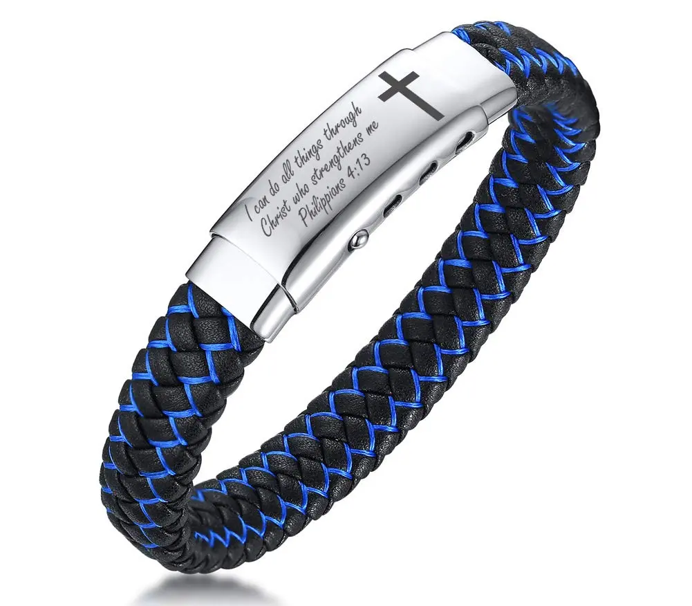 MEALGUET Bible Verse Braided Bracelet with Cross Scripture Engraved, Black Blue, 8.2-9 inches | Inspirational Christian Jewelry for Men - main product image
