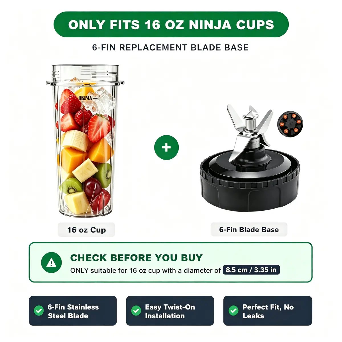 GahsElec 6-Fin Blender Blade Replacement for Ninja BL660 BL663 BL740, 8.5cm (3.35in) Diameter, 7.6cm (3in) Height | Compatible with 16oz Cups - view 2