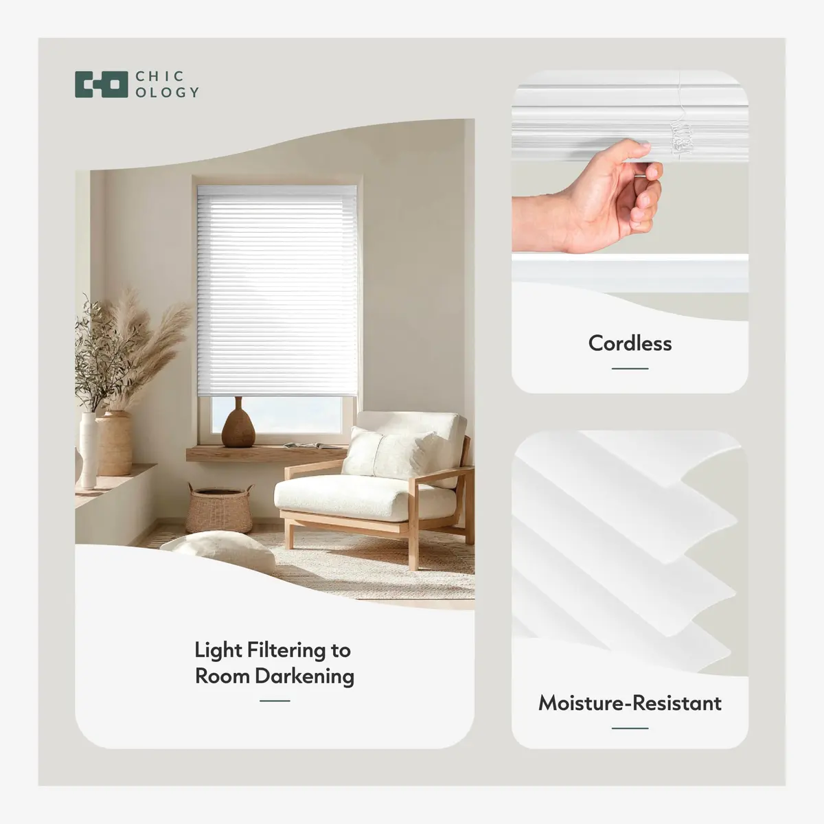 CHICOLOGY Cordless Mini Blinds 106cm x 152cm (42"W x 60"H) | White Vinyl Light Filtering to Room Darkening - view 2