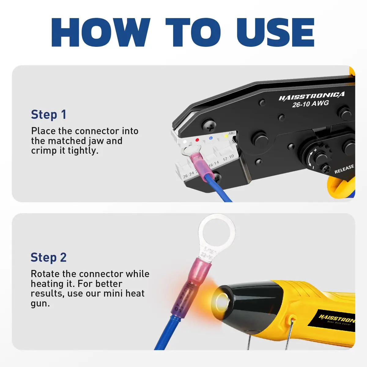 haisstronica Crimping Tool for Heat Shrink Connectors, AWG 26-10 | Precise Ratchet, Ergonomic Handle, 12-Month Warranty - view 8