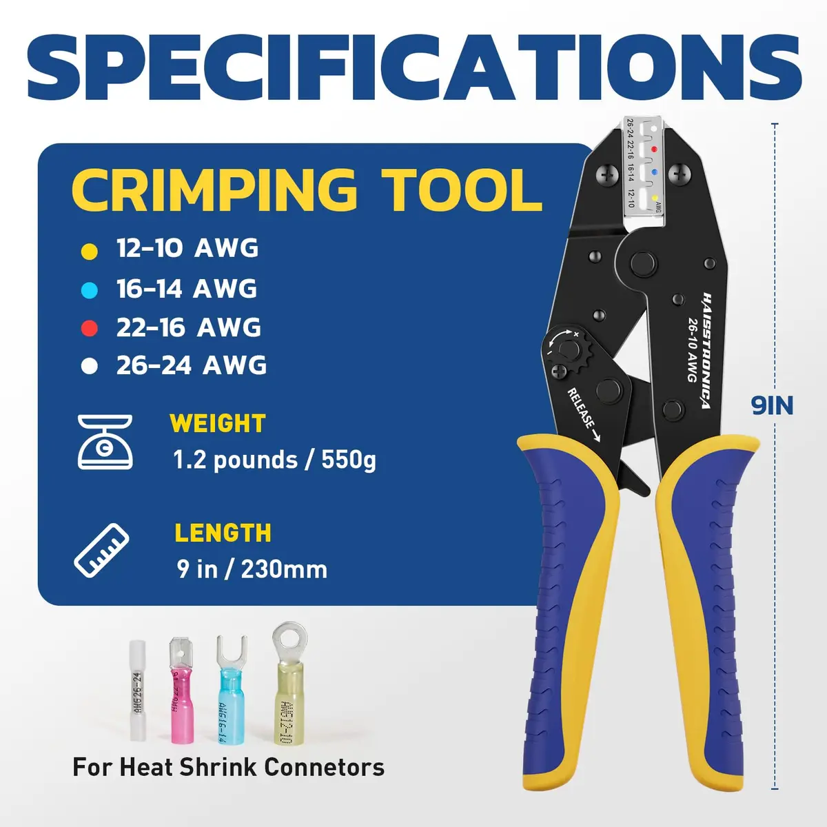 haisstronica Crimping Tool for Heat Shrink Connectors, AWG 26-10 | Precise Ratchet, Ergonomic Handle, 12-Month Warranty - view 2