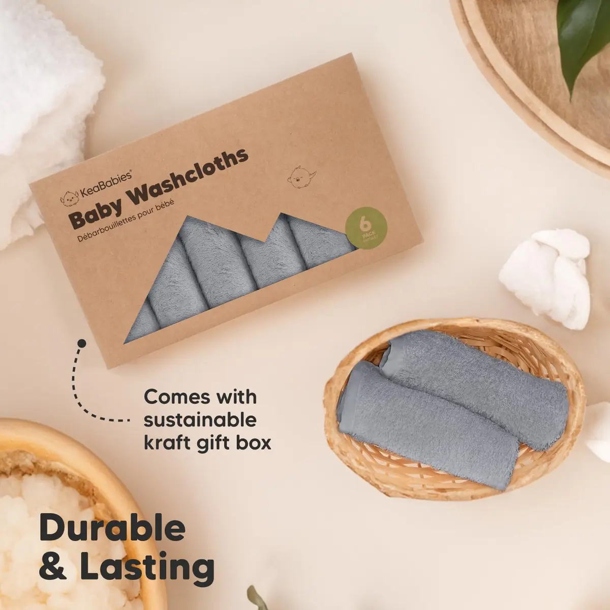 KeaBabies Baby Washcloths 10x10 in Cool Gray | Ultra-Soft Bamboo, Reusable & Absorbent for Gentle Baby Care - view 7