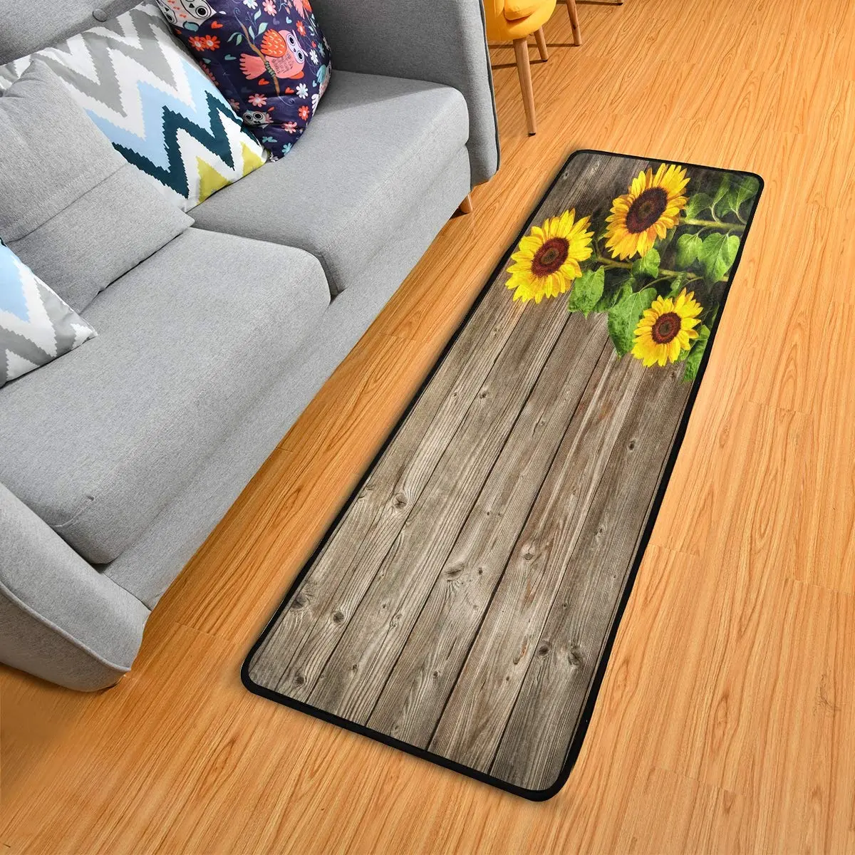 senya Sunflowers On Wood Board Runner Rug 183cm (72" X 24") | Non-Slip Soft Doormat for Kitchen & Home - main product image