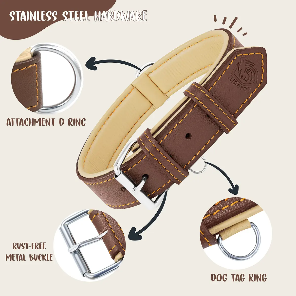 Riparo Heavy Duty Leather Dog Collar XXL 24-29" | Adjustable & Stylish - view 3