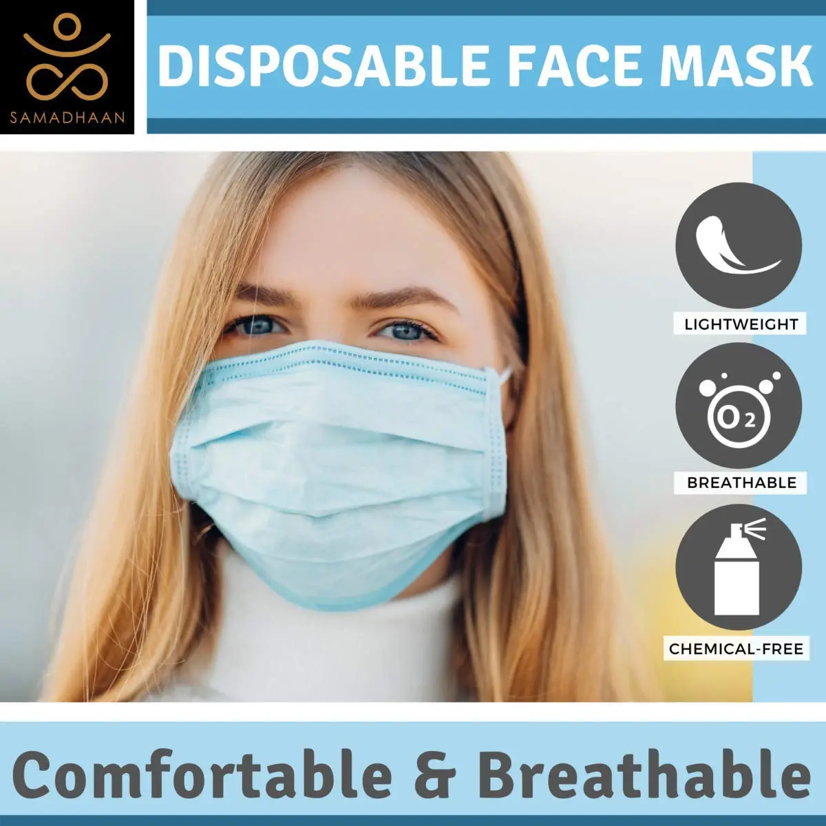 Samadhaan 3-Layer Disposable Face Masks, 50 Count (Blue) | Breathable Filtration for Daily Use - view 2