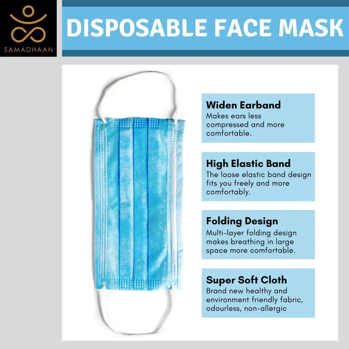 Samadhaan 3-Layer Disposable Face Masks, 50 Count (Blue) | Breathable Filtration for Daily Use - view 4
