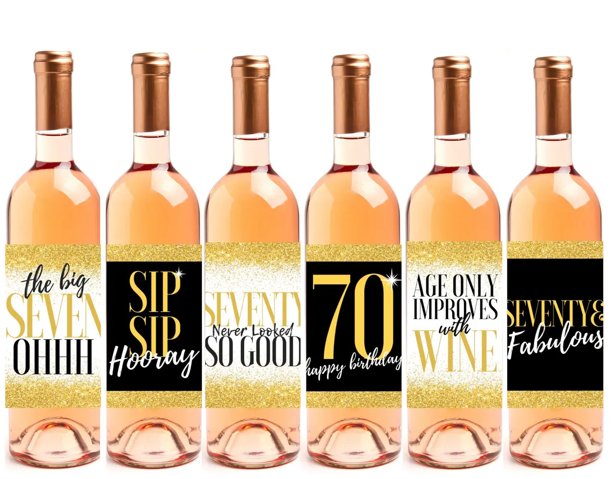 Harper & Ivy Designs 70th Birthday Wine Bottle Labels | Funny Black Gold Cheers to 70 Years (100 words) - main product image