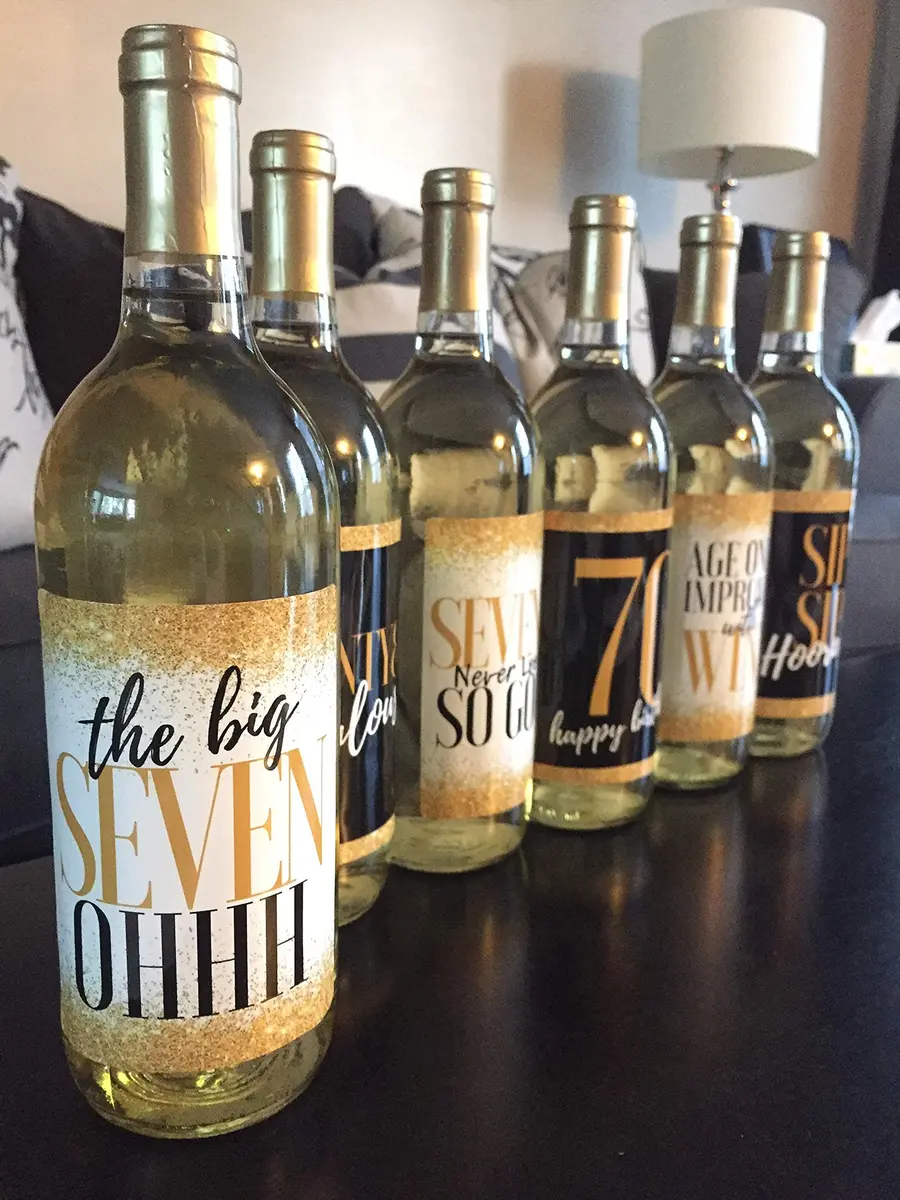 Harper & Ivy Designs 70th Birthday Wine Bottle Labels | Funny Black Gold Cheers to 70 Years (100 words) - view 5