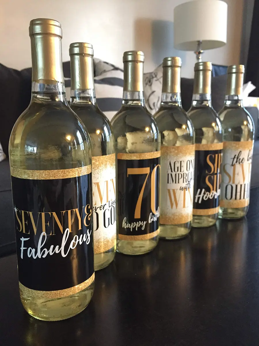Harper & Ivy Designs 70th Birthday Wine Bottle Labels | Funny Black Gold Cheers to 70 Years (100 words) - view 8
