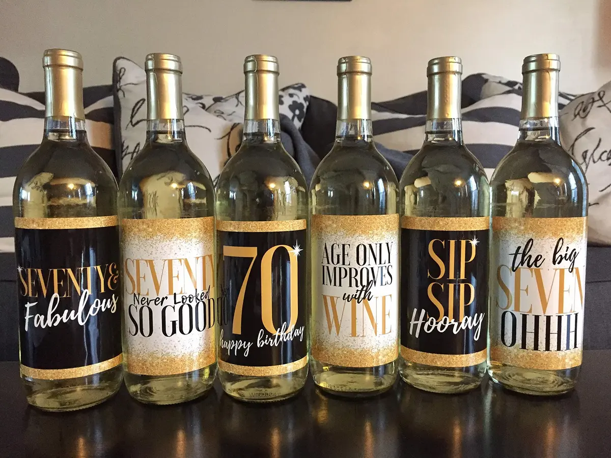 Harper & Ivy Designs 70th Birthday Wine Bottle Labels | Funny Black Gold Cheers to 70 Years (100 words) - view 2