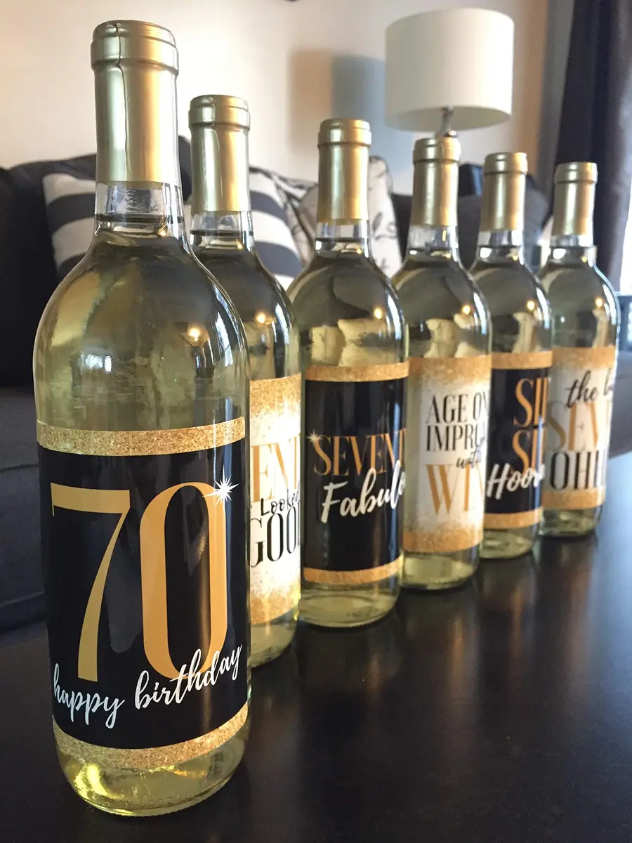 Harper & Ivy Designs 70th Birthday Wine Bottle Labels | Funny Black Gold Cheers to 70 Years (100 words) - view 3