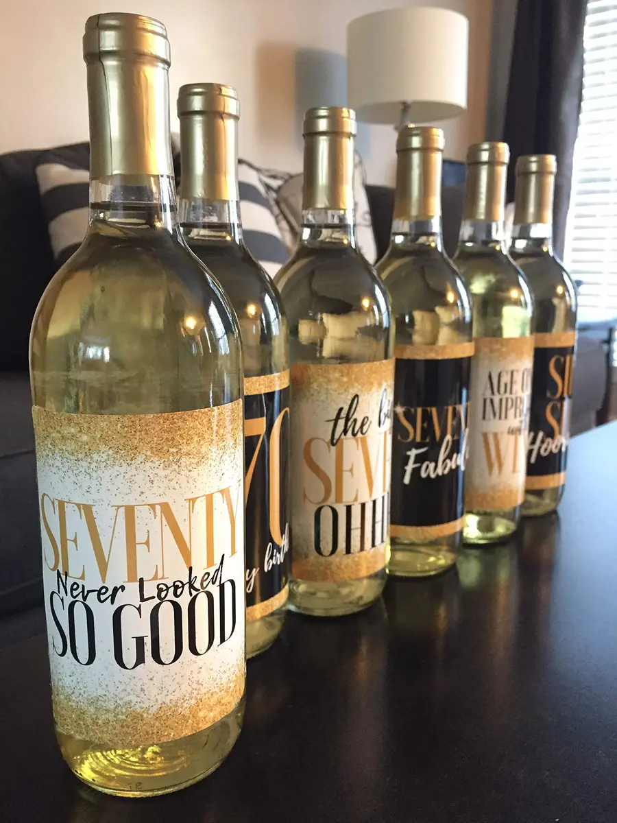 Harper & Ivy Designs 70th Birthday Wine Bottle Labels | Funny Black Gold Cheers to 70 Years (100 words) - view 4