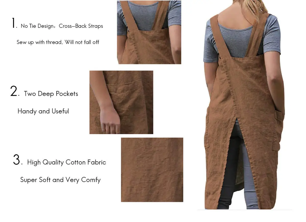 Larmliss Women’s Pinafore Square Apron 70% Cotton, 30% Linen | Cross Back, Large Pockets, Breathable & Durable - view 3