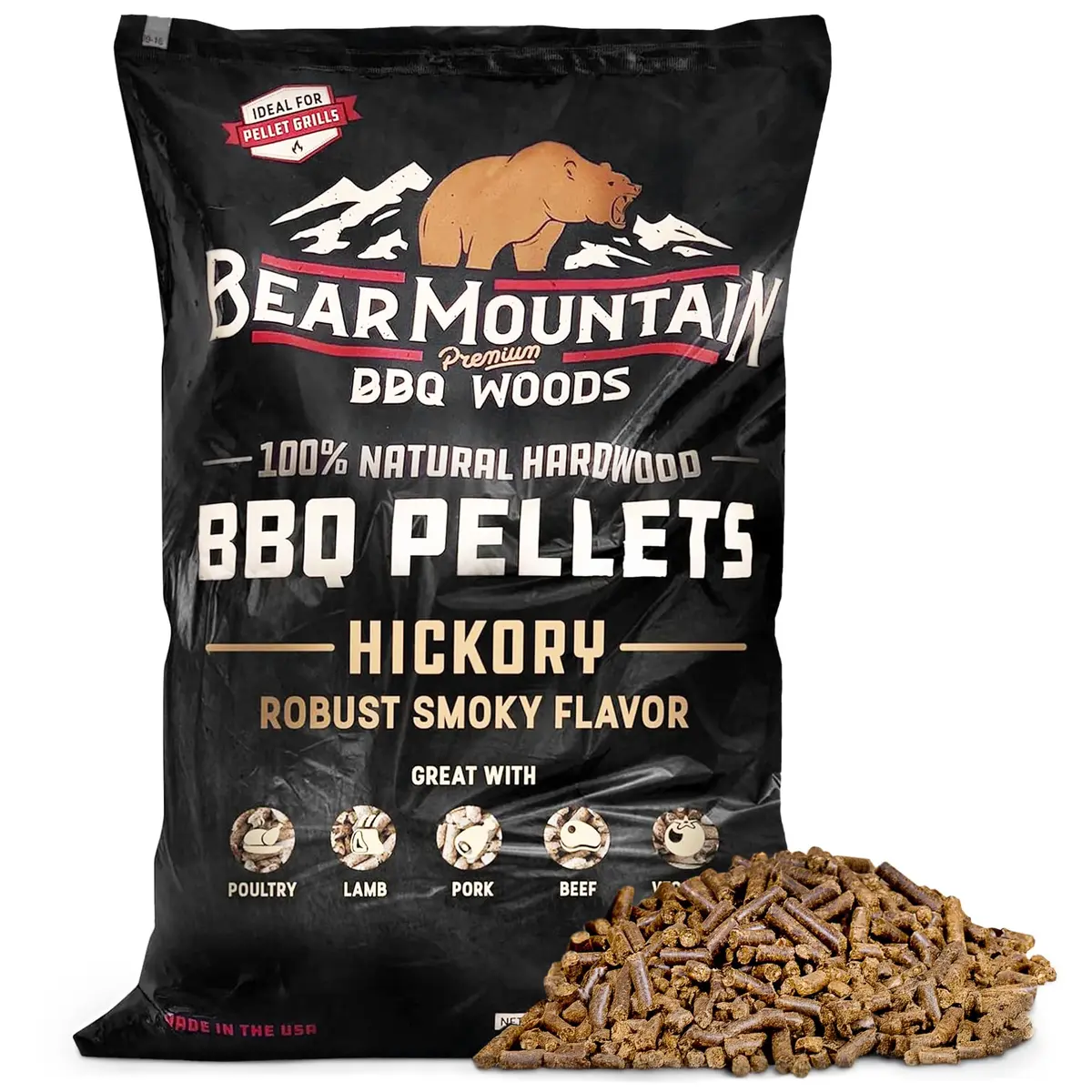 Bear Mountain Hickory Wood Pellets for Smoker and Grill, 40lb Bag | All-Natural Hardwood Flavor for Outdoor Cooking - main product image