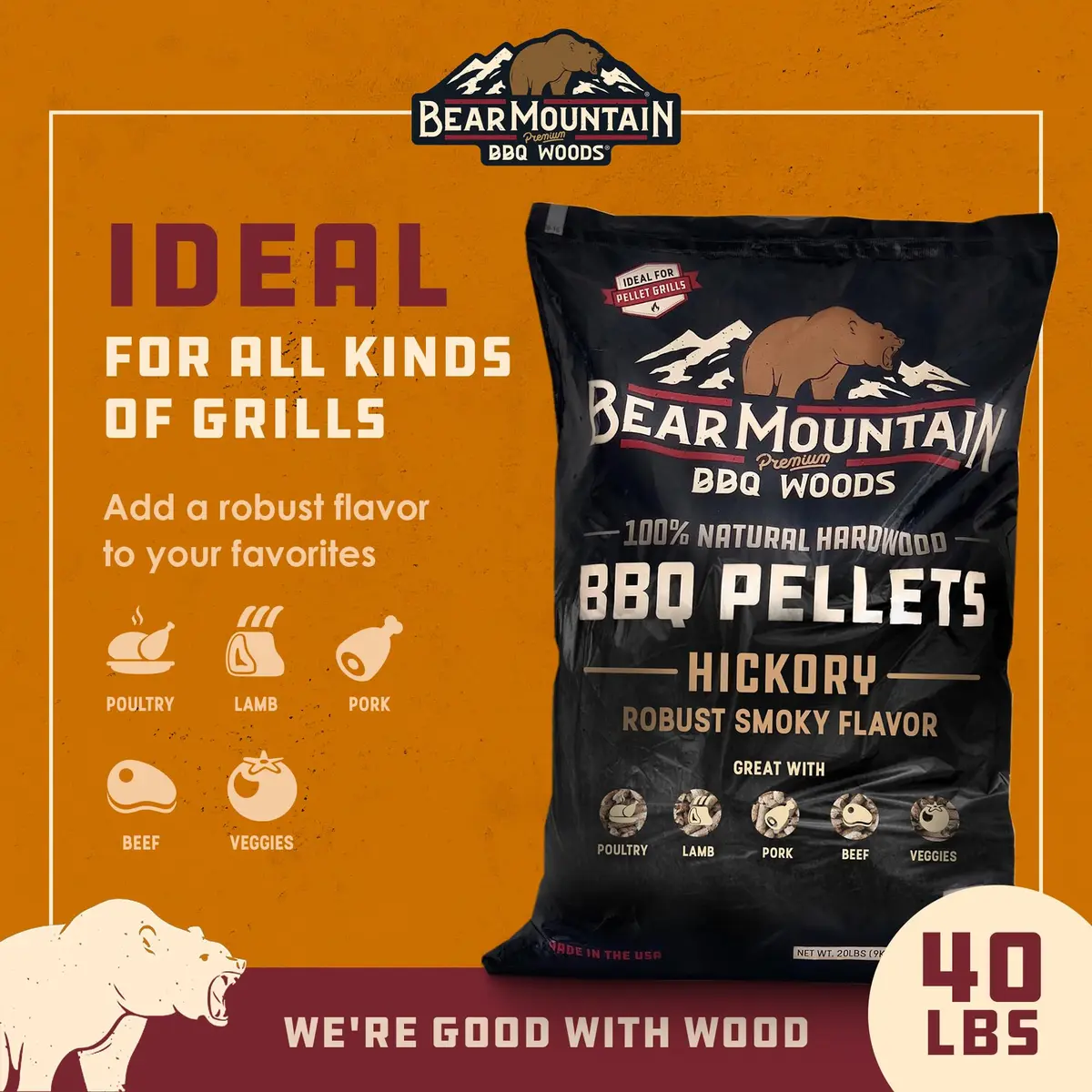Bear Mountain Hickory Wood Pellets for Smoker and Grill, 40lb Bag | All-Natural Hardwood Flavor for Outdoor Cooking - view 2