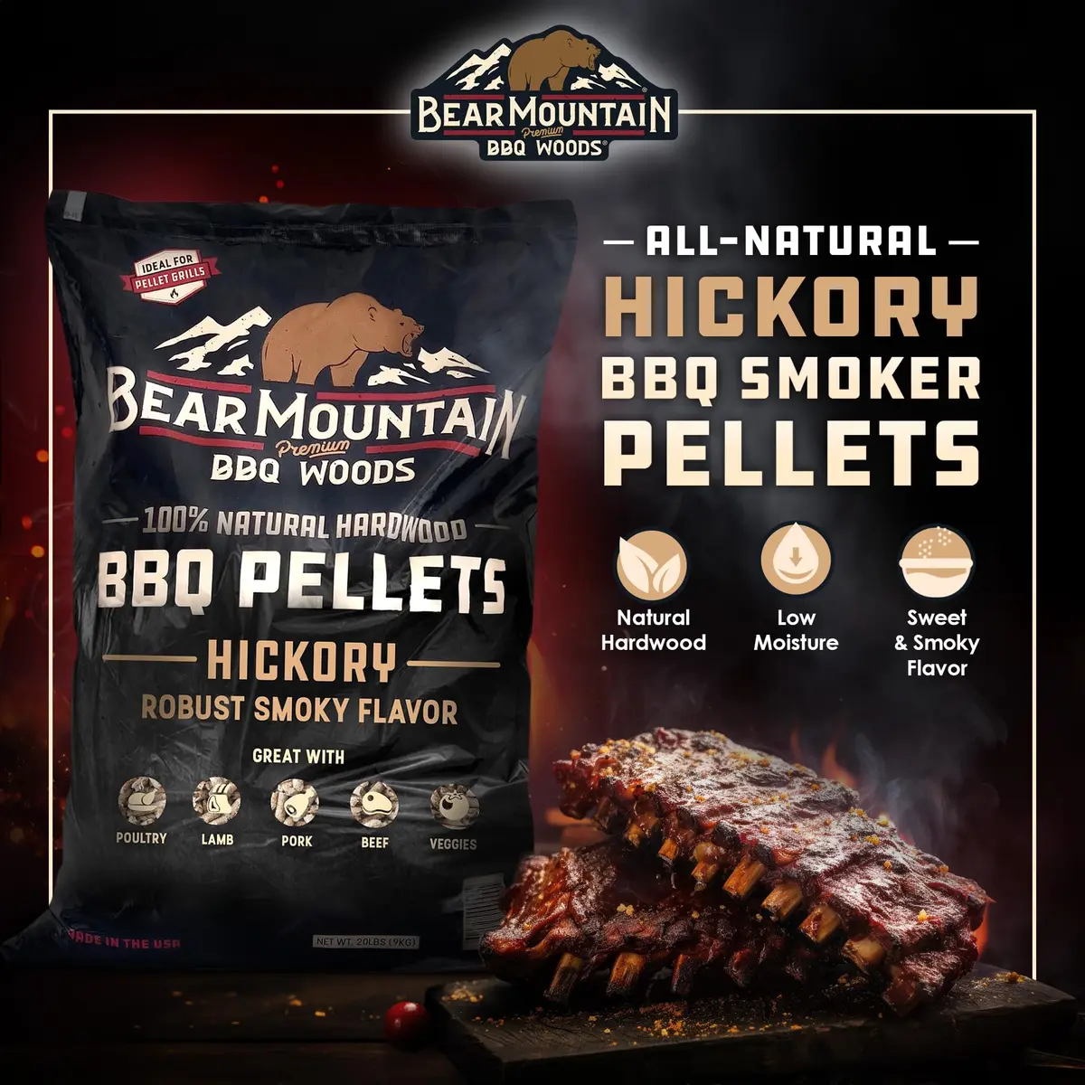 Bear Mountain Hickory Wood Pellets for Smoker and Grill, 40lb Bag | All-Natural Hardwood Flavor for Outdoor Cooking - view 3