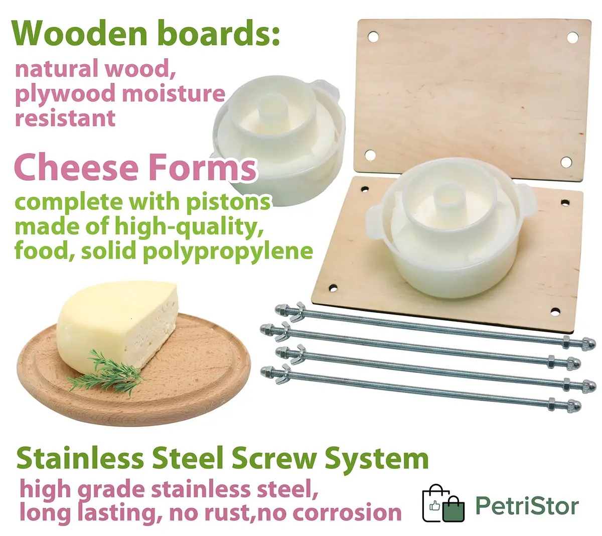 PetriStor Wooden Cheese Press with 2 Cheese Mold, 1.3Qt | Home Cheese Making Kit for Hard & Soft Cheeses - view 5