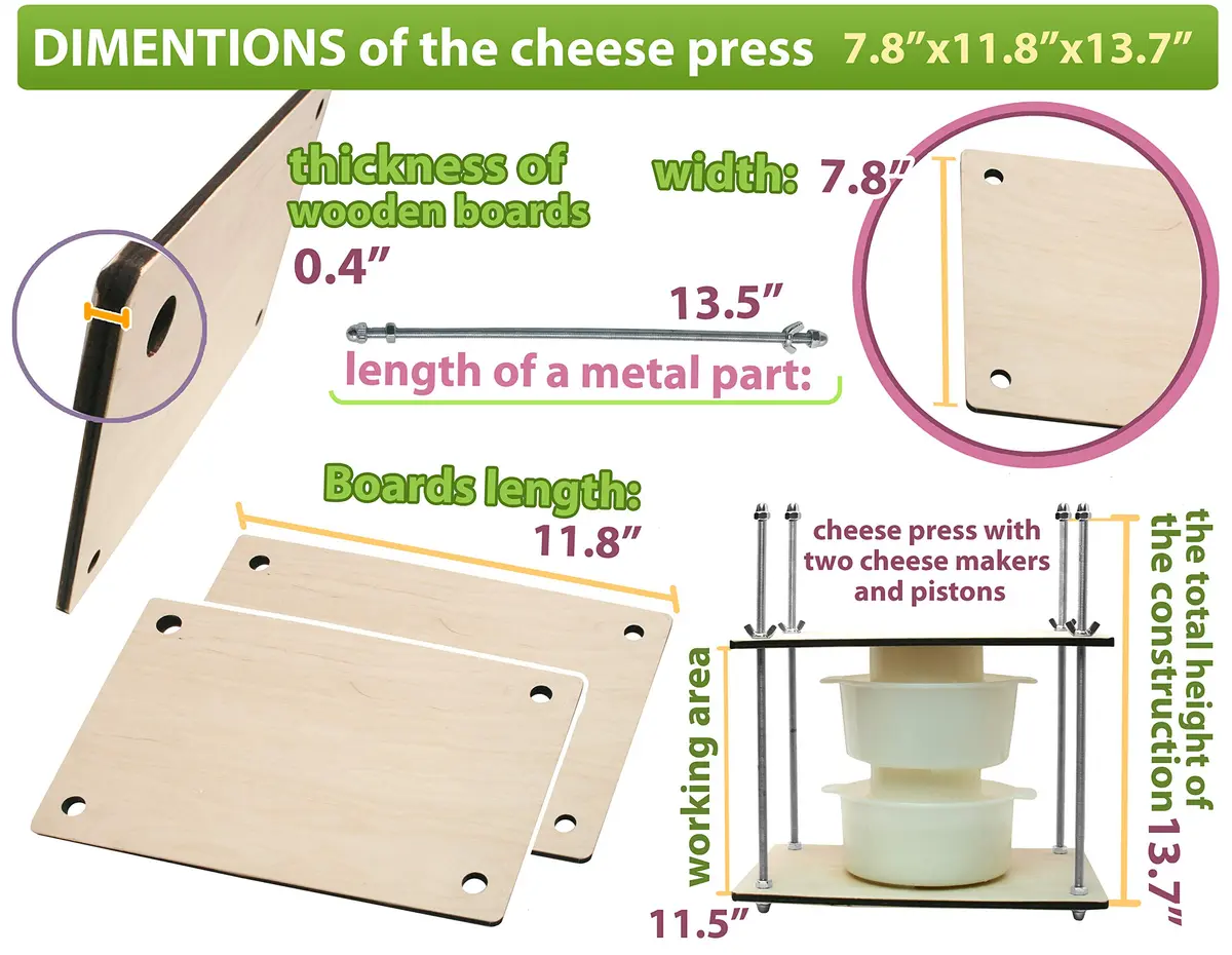 PetriStor Wooden Cheese Press with 2 Cheese Mold, 1.3Qt | Home Cheese Making Kit for Hard & Soft Cheeses - view 6