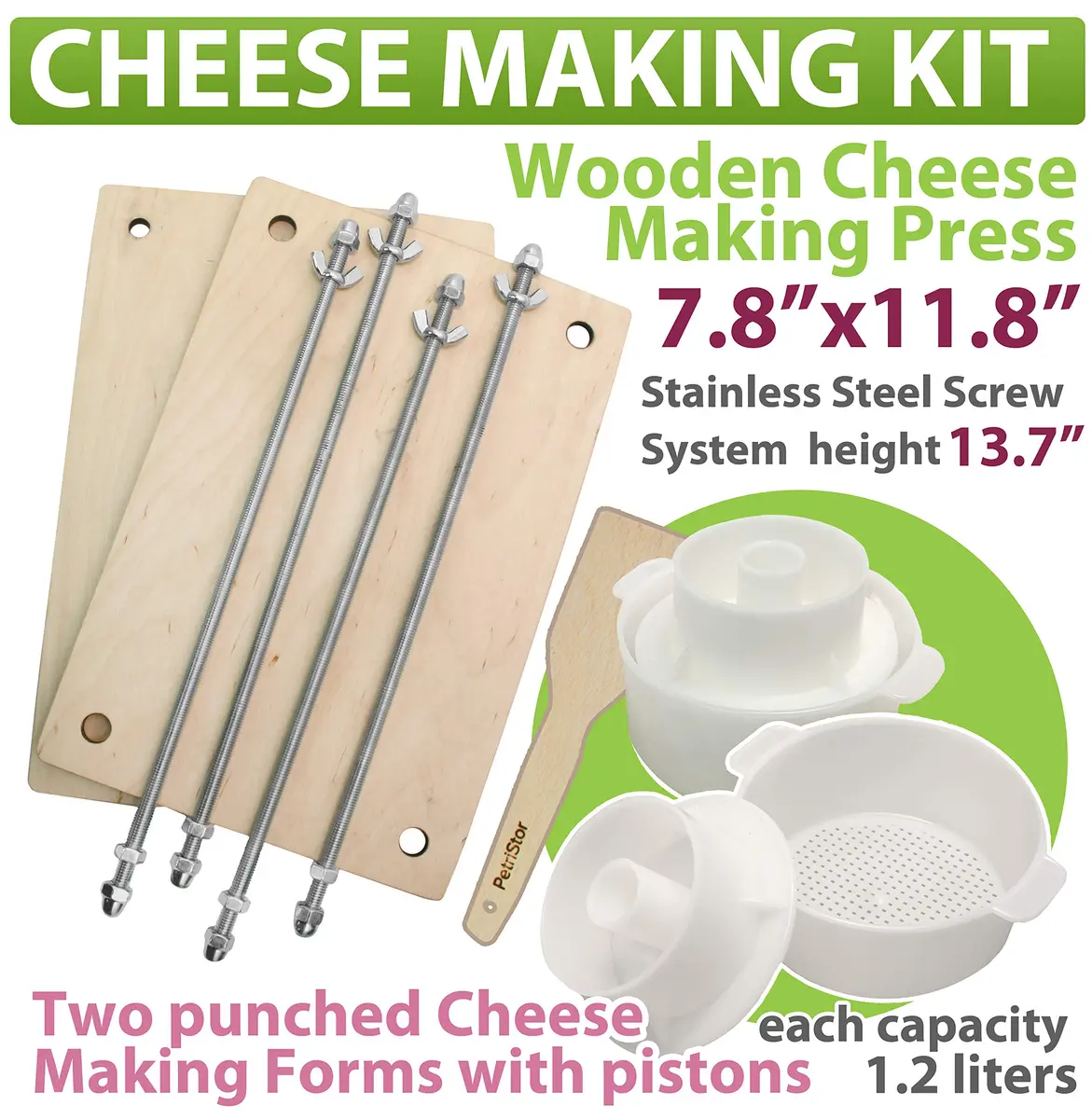 PetriStor Wooden Cheese Press with 2 Cheese Mold, 1.3Qt | Home Cheese Making Kit for Hard & Soft Cheeses - view 7