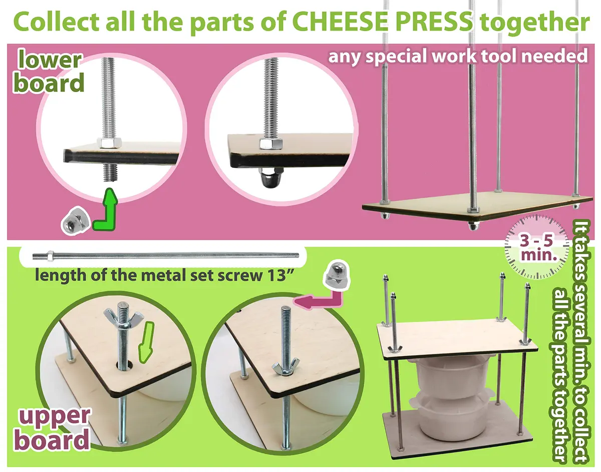 PetriStor Wooden Cheese Press with 2 Cheese Mold, 1.3Qt | Home Cheese Making Kit for Hard & Soft Cheeses - view 9