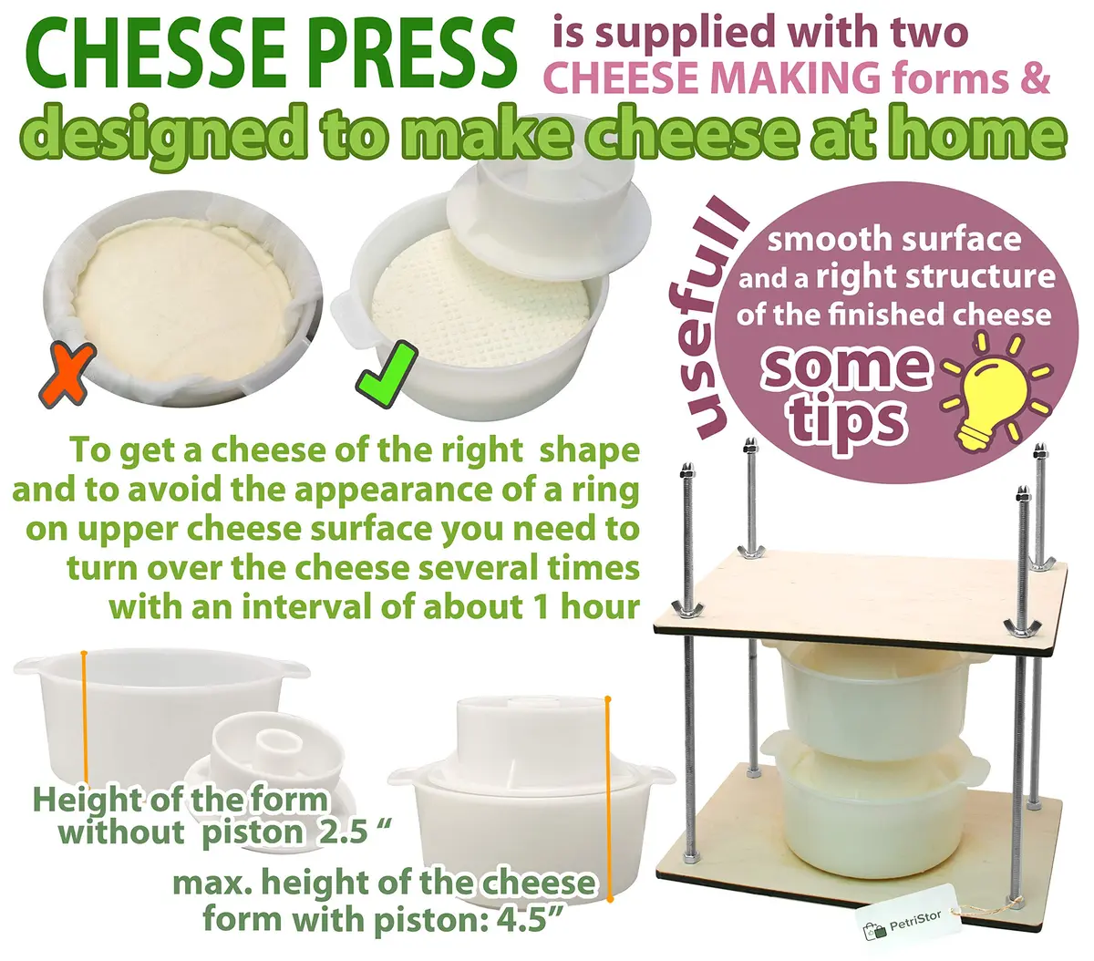 PetriStor Wooden Cheese Press with 2 Cheese Mold, 1.3Qt | Home Cheese Making Kit for Hard & Soft Cheeses - view 2
