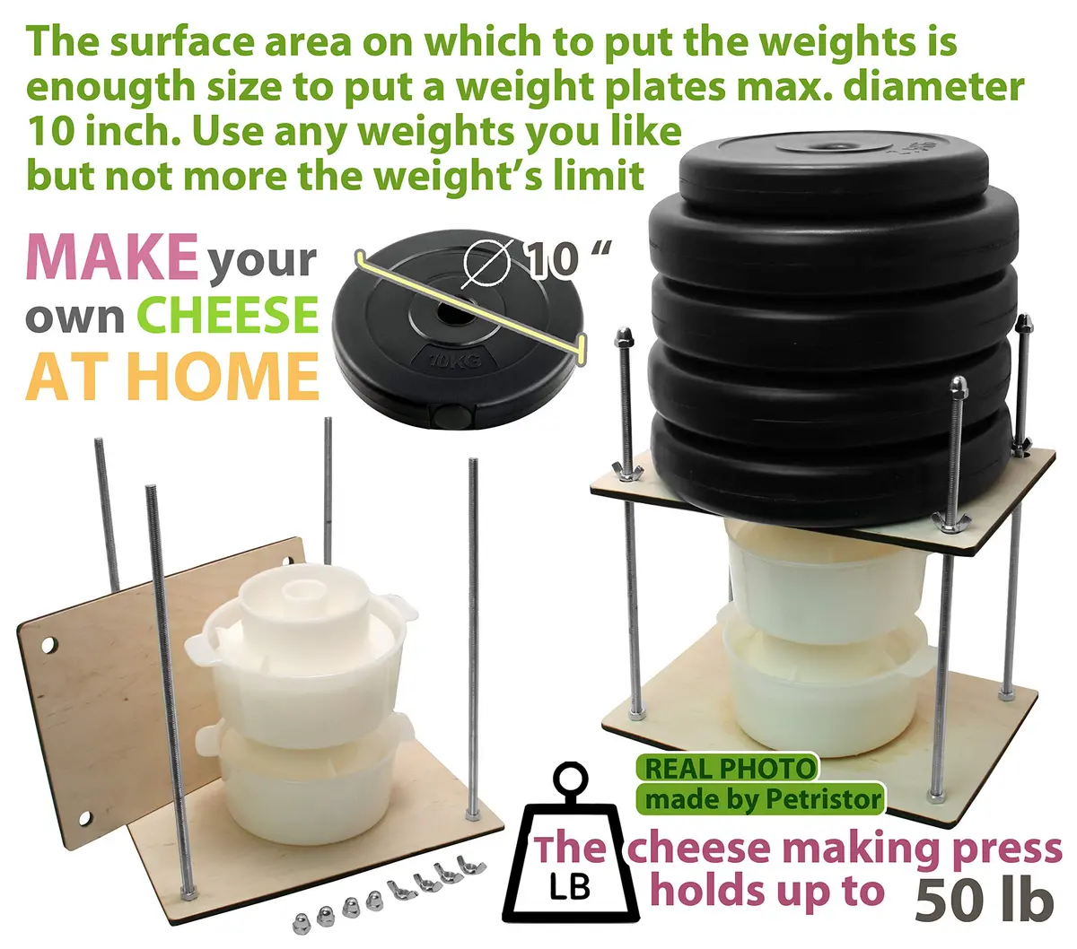 PetriStor Wooden Cheese Press with 2 Cheese Mold, 1.3Qt | Home Cheese Making Kit for Hard & Soft Cheeses - view 3