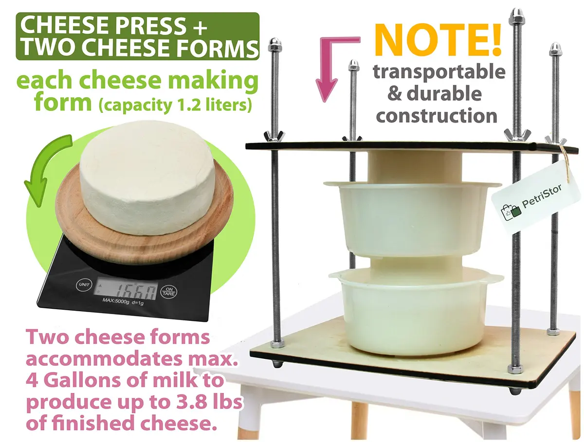PetriStor Wooden Cheese Press with 2 Cheese Mold, 1.3Qt | Home Cheese Making Kit for Hard & Soft Cheeses - view 4