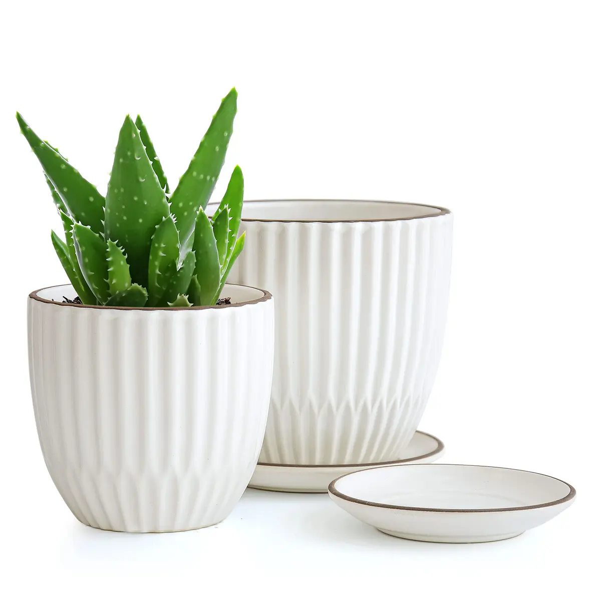 D'vine Dev 2-Pack Stoneware Planter Pots, 4.5 in & 5.8 in, Ivory | Modern Ribbed Ceramic Indoor Planters - main product image