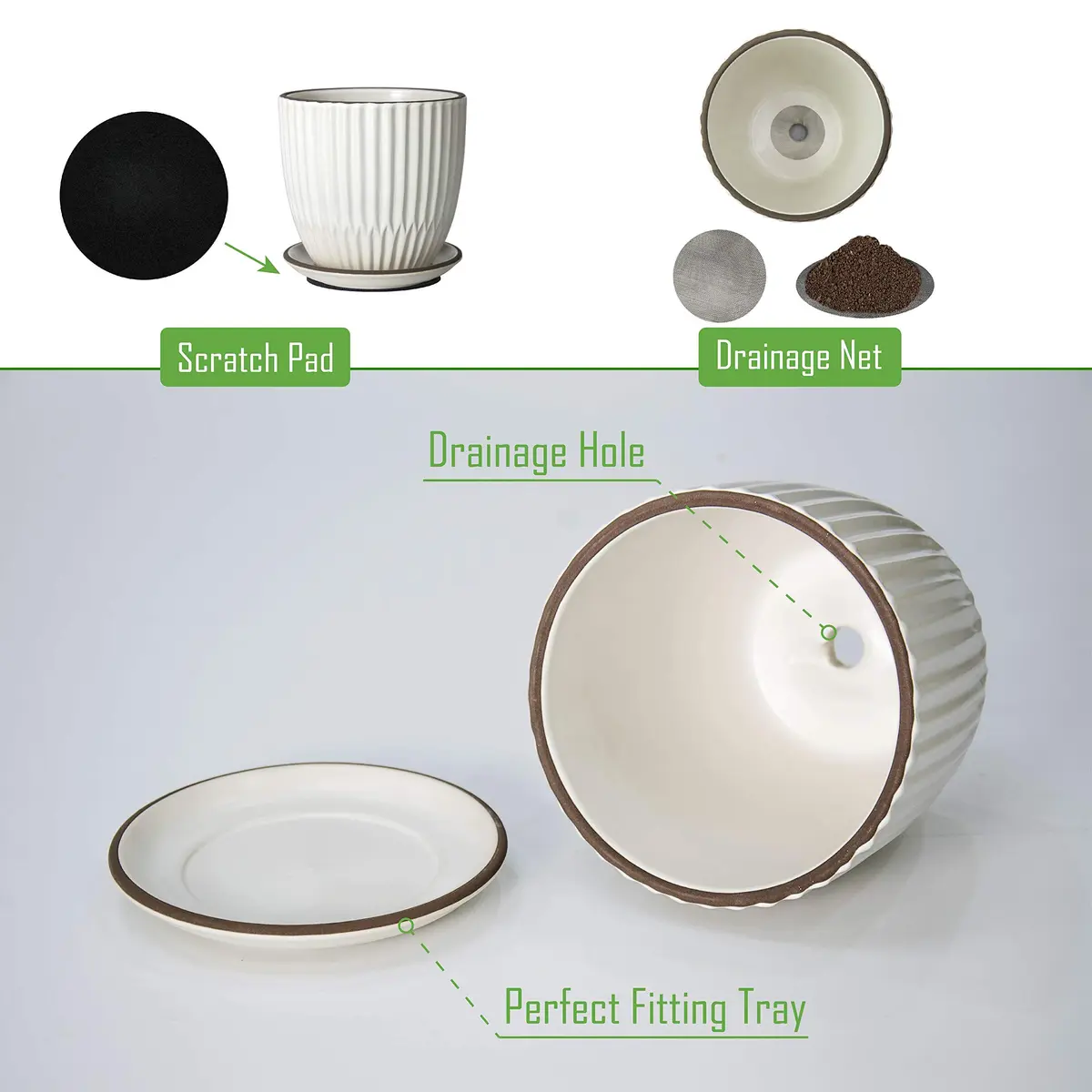 D'vine Dev 2-Pack Stoneware Planter Pots, 4.5 in & 5.8 in, Ivory | Modern Ribbed Ceramic Indoor Planters - view 4