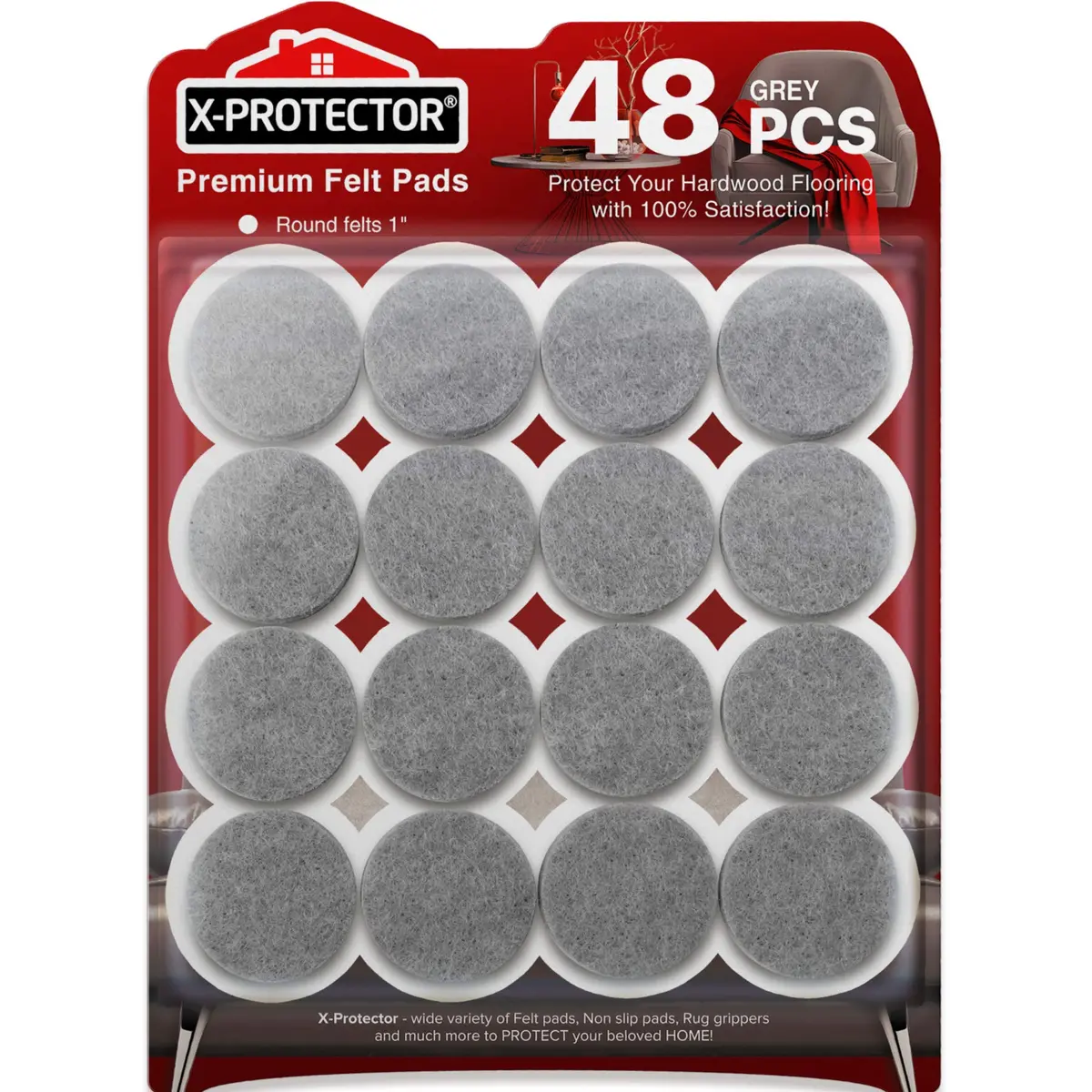 X-Protector Grey 48 PCS 1" Round Furniture Floor Protector Pads | Protects Wood & Laminate Floors - main product image