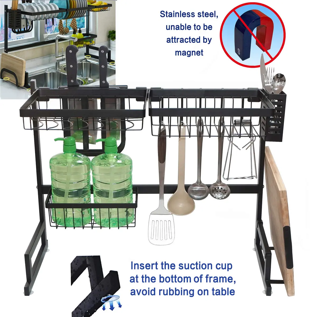 HTTMT Stainless Steel Dish Rack Over Sink W/Cutlery Holder 27.17in x 13in | Durable, Rust-Free Kitchen Organizer - main product image