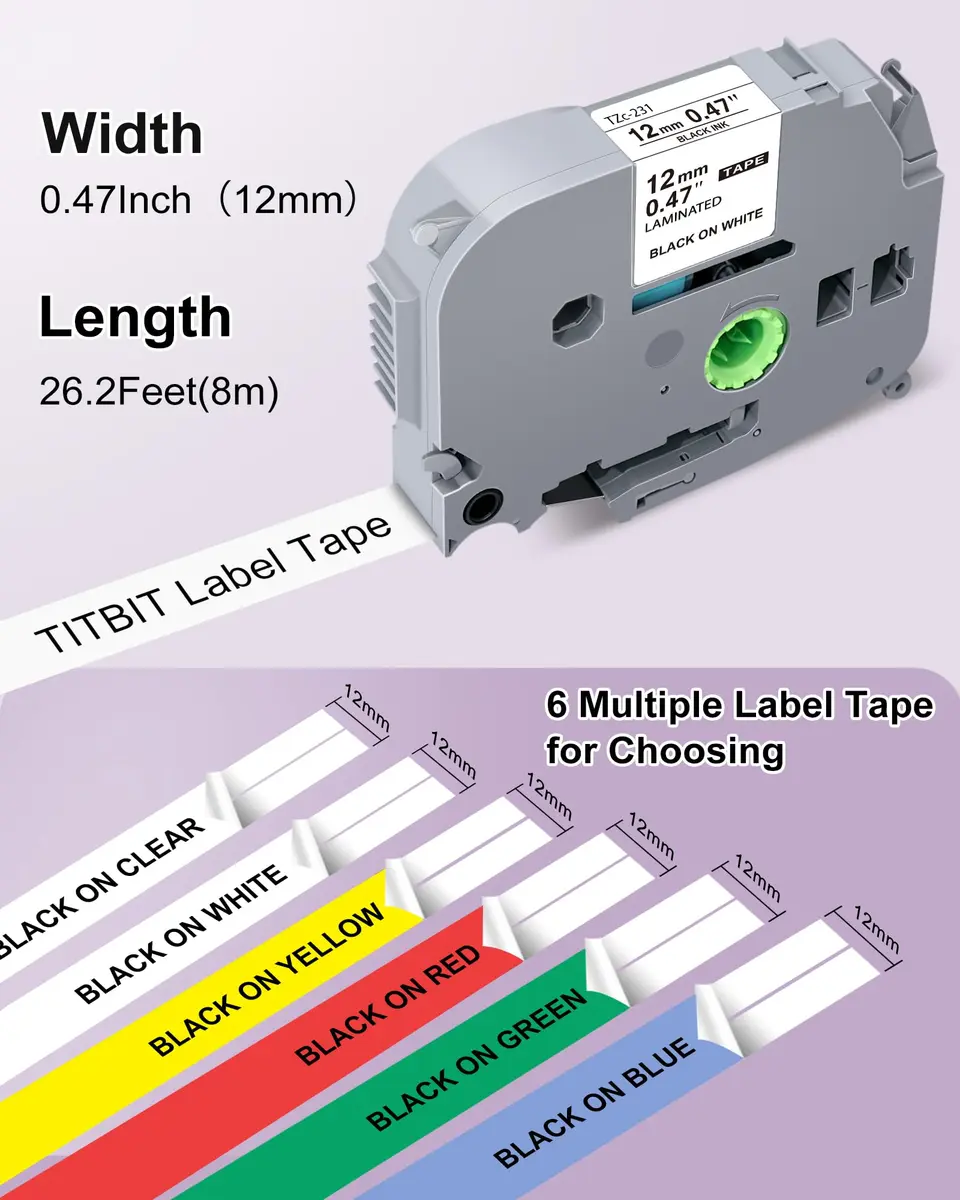 TITBIT Compatible with Brother P Touch TZe-231 12mm Laminated Color Tape | Durable & Water-Resistant (70-120 chars) - view 3