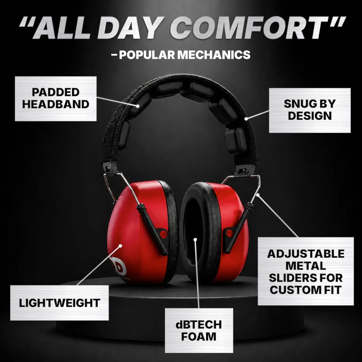 Decibel Defense 37 dB NRR Safety Earmuffs in Vibrant Safety Red | Superior Noise Reduction - view 4