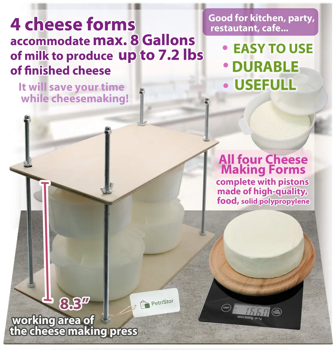 PetriStor Wooden Cheese Press 16in | Durable Home Cheese Making Tool with Metal Guides - view 6