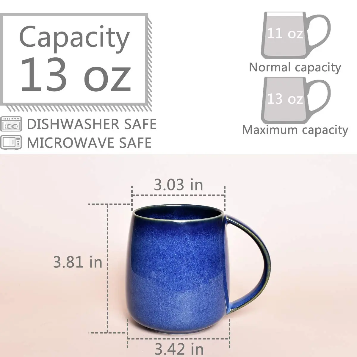 Bosmarlin Ceramic Coffee Mug 385ml (13 oz) | Classic Royal Blue Tea Cup for Office and Home - view 2