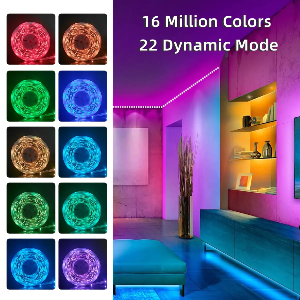 Lcutml 50FT RGB LED Strip Lights | Sync to Music, Dimmable, Multi-Colored, Indoor Use - view 2