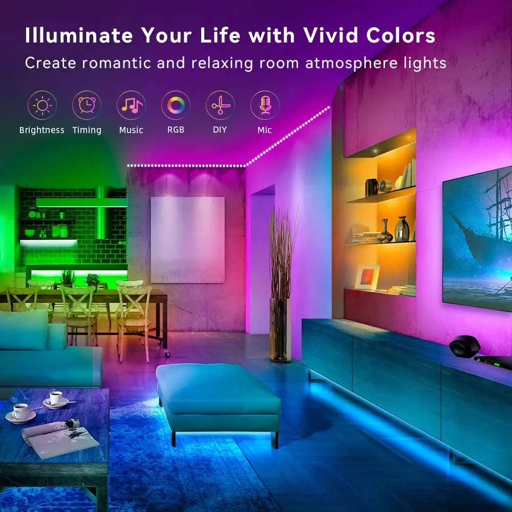 Lcutml 50FT RGB LED Strip Lights | Sync to Music, Dimmable, Multi-Colored, Indoor Use - view 4