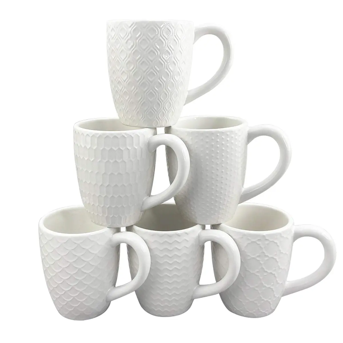 Schliersee 12 OZ White Ceramic Coffee Mugs Set of 6 | Multi-Pattern, Dishwasher & Microwave Safe - main product image
