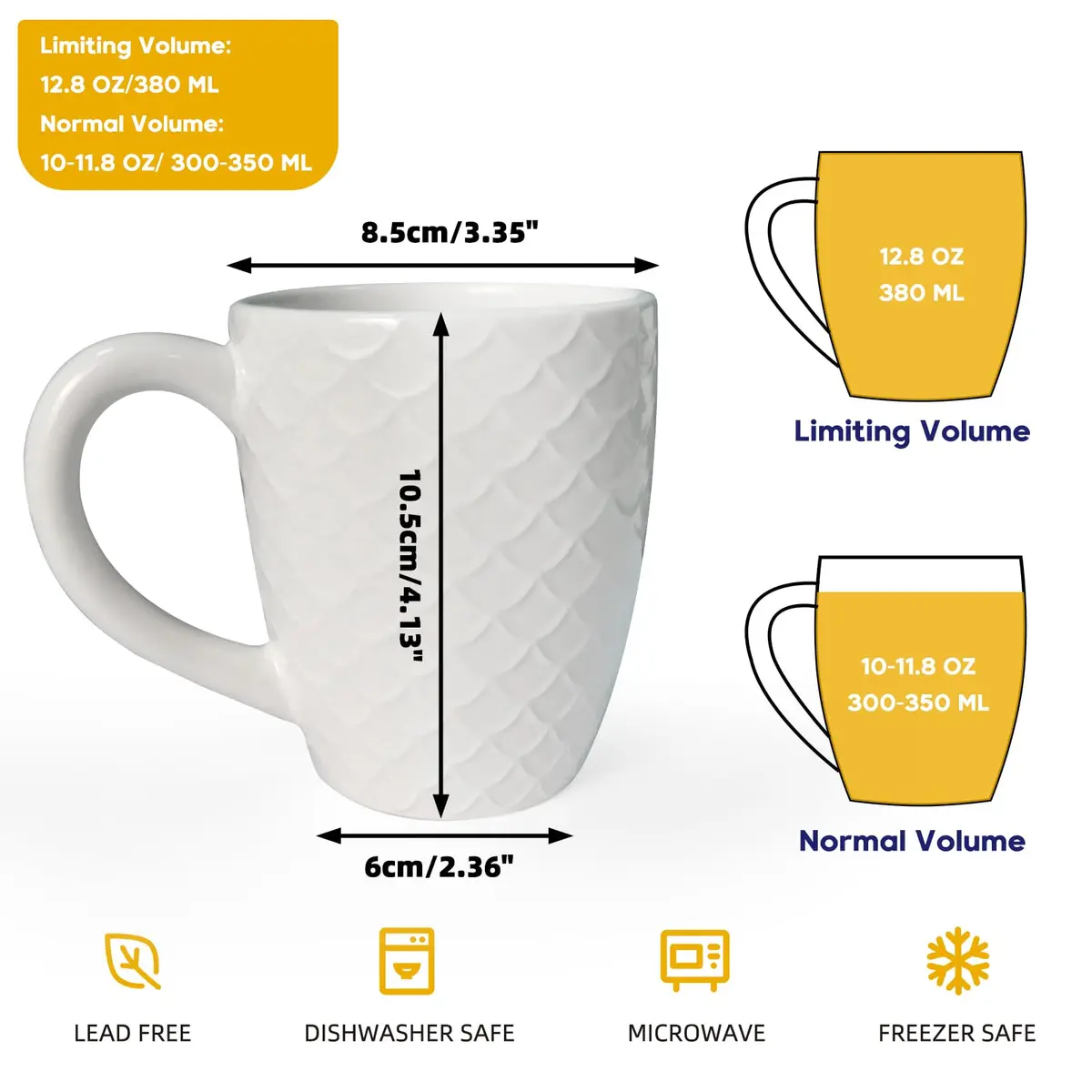 Schliersee 12 OZ White Ceramic Coffee Mugs Set of 6 | Multi-Pattern, Dishwasher & Microwave Safe - view 2