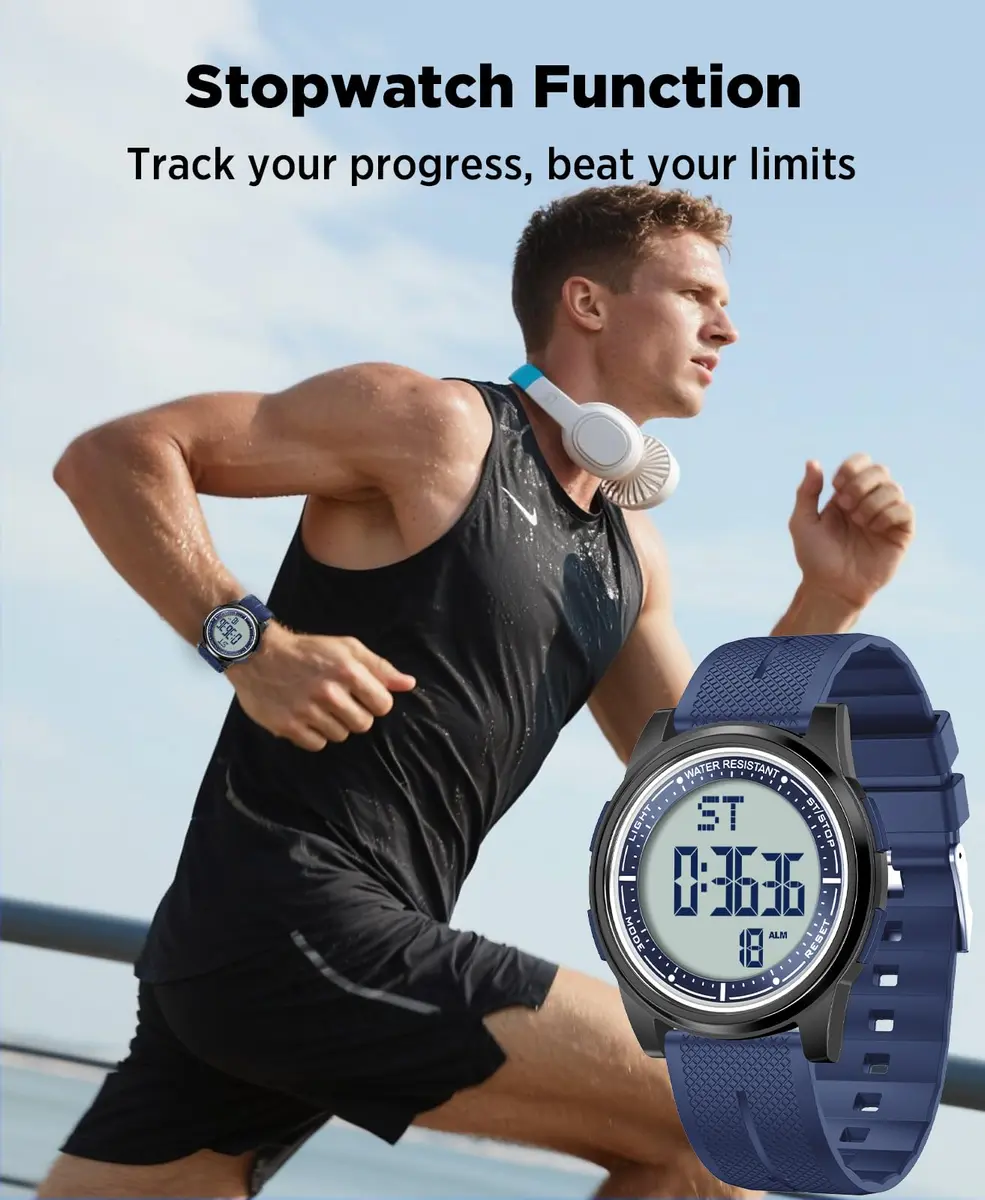 Beeasy Ultra-Thin Digital Watch Blue 44mm (1.73in) Case | Waterproof 50M with Stopwatch & Dual Time - view 5