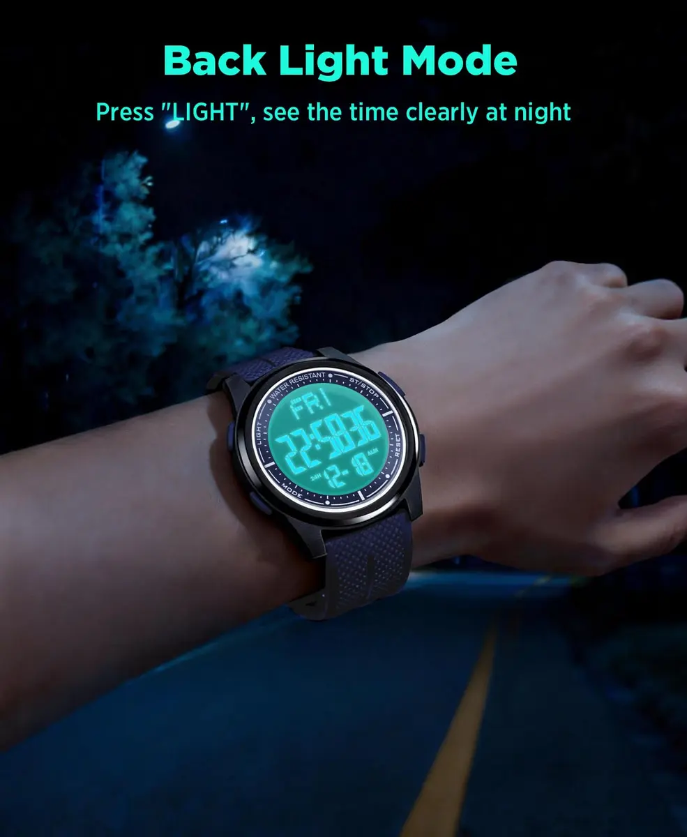 Beeasy Ultra-Thin Digital Watch Blue 44mm (1.73in) Case | Waterproof 50M with Stopwatch & Dual Time - view 6