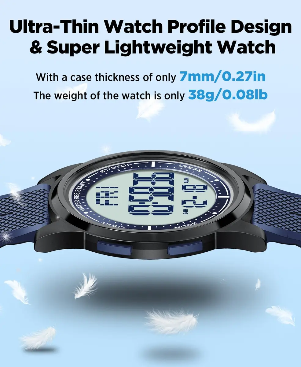 Beeasy Ultra-Thin Digital Watch Blue 44mm (1.73in) Case | Waterproof 50M with Stopwatch & Dual Time - view 7