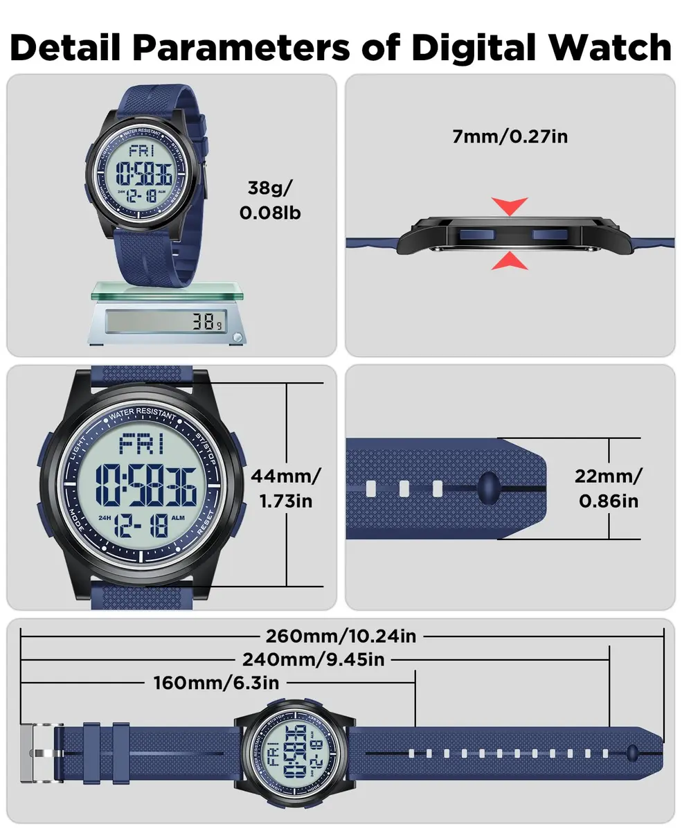 Beeasy Ultra-Thin Digital Watch Blue 44mm (1.73in) Case | Waterproof 50M with Stopwatch & Dual Time - view 9