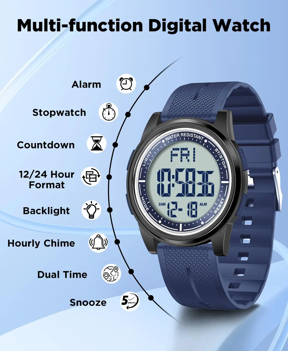 Beeasy Ultra-Thin Digital Watch Blue 44mm (1.73in) Case | Waterproof 50M with Stopwatch & Dual Time - view 2