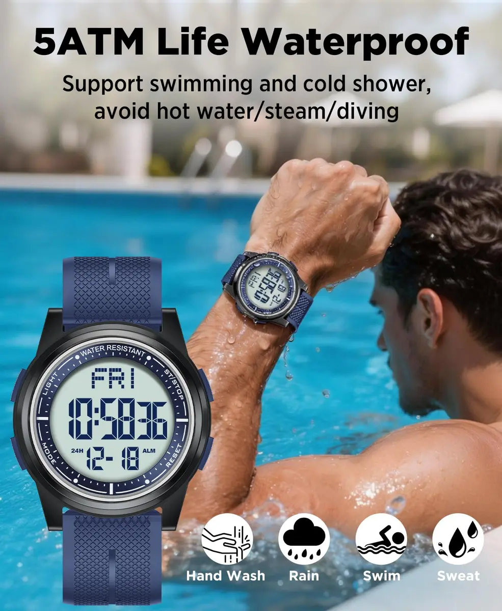 Beeasy Ultra-Thin Digital Watch Blue 44mm (1.73in) Case | Waterproof 50M with Stopwatch & Dual Time - view 3