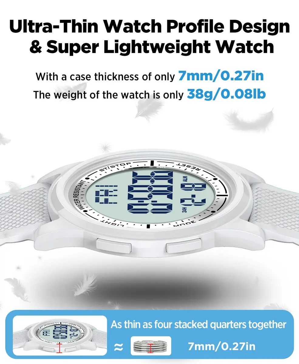 Beeasy Digital Watch for Men Women | 50M Waterproof, Ultra-Thin 6.6mm, 44mm Silicone Sports Watch with Alarm & Stopwatch - view 7