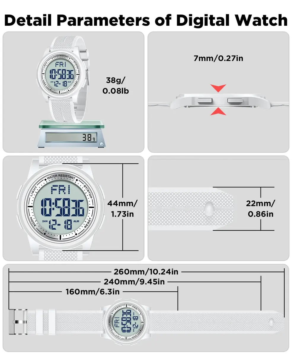 Beeasy Digital Watch for Men Women | 50M Waterproof, Ultra-Thin 6.6mm, 44mm Silicone Sports Watch with Alarm & Stopwatch - view 8